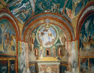 Kapelle des heiligen Eldrad und des heiligen Nikolaus mit romanischen Fresken im byzantinischen Stil, spätes 11. Jahrhundert, Abtei Novalesa, Piemont, Italien