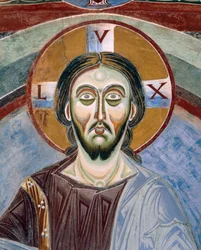 Antlitz Christi Pantokrator, Detail der romanischen Fresken im byzantinischen Stil, spätes 11. Jahrhundert, Kapelle des heiligen Eldrad und des heiligen Nikolaus, Abtei Novalesa, Piemont