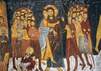 Judaskuss, byzantinisches Fresko (1212), Gülşehir Karşı Kilise (Johanneskirche), Göreme (UNESCO-Welterbeliste)