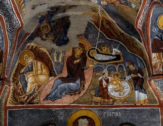 Geburt Christi, Byzantinisches Fresko (12. Jahrhundert), Karanlik Kilise (Dunkle Kirche) (12.-13. Jahrhundert), Göreme (UNESCO-Welterbe)