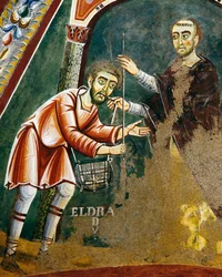 Heiliger Eldrad verlässt Santiago de Compostela, Detail aus den Geschichten des Lebens des Heiligen Eldrad, Romanisches Fresko, Byzantinischer Stil, spätes 11. Jahrhundert, Kapelle des Heiligen Eldrad und des Heiligen Nikolaus, Abtei von Novalesa, Piemont,
