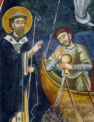 Der heilige Nikolaus rettet Pilger vor dem Schiffbruch, Detail aus den Geschichten des heiligen Nikolaus, romanisches Fresko, byzantinischer Stil, spätes 11. Jahrhundert, Kapelle des Heiligen Eldrad und des Heiligen Nikolaus, Abtei von Novalesa, Piemont, I