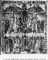 Kreuzigung und Auferstehung, aus den Rabula-Evangelien, 586 n. Chr.