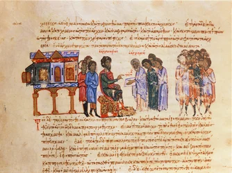 MMS Vitr 26-7 Botschafter aus Kiew, gesandt von König Wladimir, wird von einem byzantinischen Bischof über das Christentum unterrichtet, aus dem Madrid Skylitzes