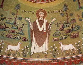 Porträt von Apollinaris von Ravenna, erster Bischof von Ravenna und Classe (Detail des Mosaiks, 6. Jahrhundert)