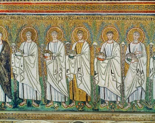 Prozession der Märtyrer: Heiliger Clemens, Sixtus, Laurentius, Hippolytus, Cornelius, alle tragen Kronen - Symbol der Märtyrer