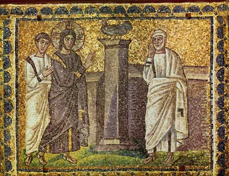 Die Verleugnung des Petrus, Jesus und ein Apostel, ein Hahn auf einer Säule, 6. Jahrhundert
