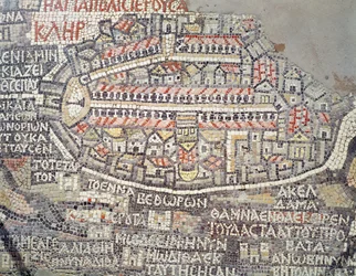 Die Stadt Jerusalem und ihre Umgebung, Detail aus der Mosaikkarte von Madaba, byzantinisch, 6. Jahrhundert