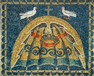 Umbraculum, Teil der päpstlichen Insignien, in Form einer Muschel mit Tauben als Zeichen des Friedens