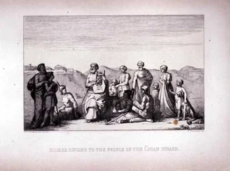 Homer singt für die Menschen am Chian-Strand, graviert von B.Barloccini, 1849