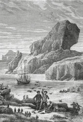 Entdeckung von Australfrankreich (Kerguelen-Inseln) durch den französischen Entdecker Yves-Joseph de Kerguelen-Tremarec (1734-1797), Februar 1772, Gravur, Indischer Ozean, Französische Süd- und Antarktisgebiete