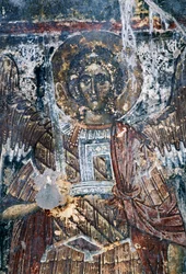 Pferd, beschädigtes Fresko an der Decke der Kirche Agios Vasileios, Vavouledo, Kreta, Griechenland (Foto)