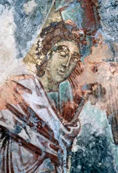 Männliche Figur, beschädigtes Fresko an der Decke der Kirche Agios Vasileios, Vavouledo, Kreta, Griechenland (Foto)