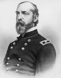 Porträt von George Gordon Meade (1815-1872), General der US-Armee und Bauingenieur, der im Amerikanischen Bürgerkrieg eine entscheidende Rolle spielte, indem er die konföderierte Armee in Gettysburg besiegte, Gravur nach Fotografie