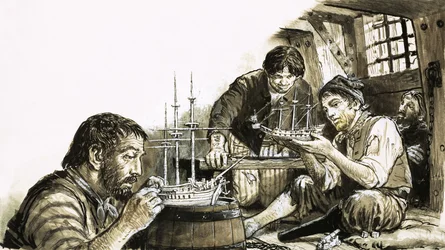 Französische Kriegsgefangene der Napoleonischen Kriege bauen Modellschiffe