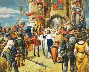 Unbekannter König wird von Würdenträgern begrüßt