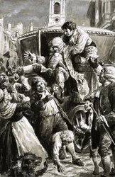 Unidentifizierte Szene (17./18. Jahrhundert?) eines Mannes, der aus einer Kutsche getragen wird