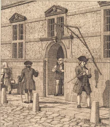 Szene um ein Portal der Börse. Illustration zu "Linearperspektive", Tafel VI