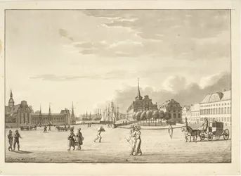 Schlossplatz in Kopenhagen mit Holmens Kirche, Börse, der nun verschwundenen Bank und Kanzleigebäude ("Das rote Gebäude")