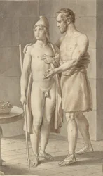 Telemachos trifft Odysseus, verkleidet als Bettler, bei dem Hirten Eumaios (Fragment)