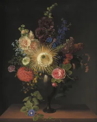 Eine Porphyrvase mit Cactus Grandiflora und anderen Blumen