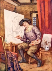 Hans Holbein bei der Arbeit in seinem Atelier
