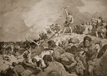 Die Schlacht am Mons Badonicus, ca. 500 n. Chr., Illustration aus „The History of the Nation“