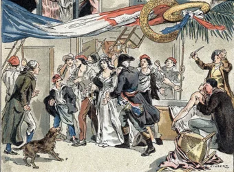 Die Verhaftung von Charlotte Corday nach dem Mord an Jean Paul Marat 1793. Illustration von Camille Gilbert aus 1890.
