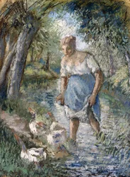 Bauer, der einen Bach überquert, ca. 1894