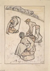 Frauen, die das Gras jäten (Feder und indische Tinte mit Aquarell über Kohle auf Papier)