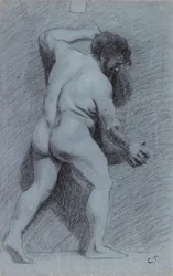 Studie eines männlichen Aktes, der an einer Wand steht und nach rechts schaut, 1856-1860