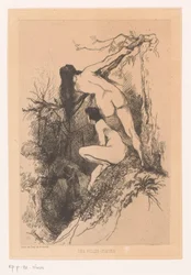 Zwei nackte Frauen beobachten ein küssendes Paar