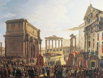 Papst Pius IX. (1846-1878) predigt auf dem Campo Vaccino, Gemälde von Camillo Pacetti (1758-1826)