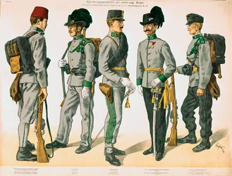 Fünf verschiedene Uniformen von Soldaten der österreichischen Armee
