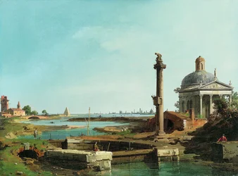 Ein Schloss, eine Säule und eine Kirche neben einer Lagune