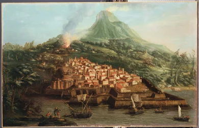 Eine Vulkaninsel mit einem Hafen und Schiffen