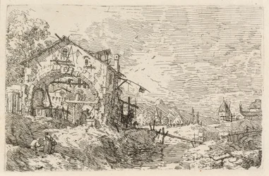 Landschaft mit einer Frau am Brunnen
