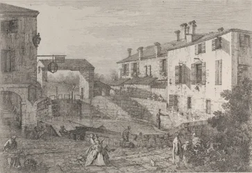 Le porte del Dolo: das ovale Becken der Schleusen in Dolo, mit einem an der Kaimauer festgemachten Lastkahn..., 1735-46