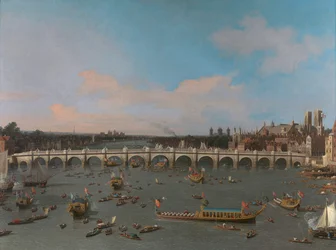 Westminster Bridge, mit der Prozession des Lord Mayor auf der Themse
