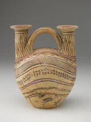 Askos, spätes 4.-3. Jahrhundert v. Chr. (Keramik mit schwarzer, rosa und roter Farbe)