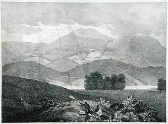 Ansicht eines Teils des Sees und der Cottages in Ottacamund, Neelgherry Mountains, Tafel 3 aus View of the Neilgherries, or Blue Mountains of Coimbetoor, Southern India von Captain McCurdy, veröffentlicht 1830