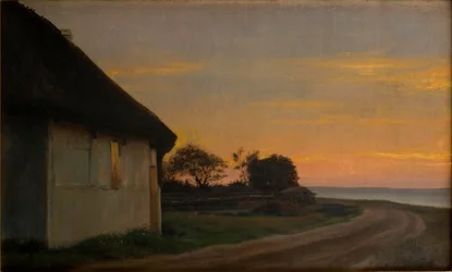 Abendlandschaft mit einem Haus und Garten am Meer. Ellekilde