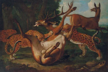 Leoparden greifen Hirsche in einer Landschaft an