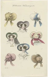 Acht verschiedene Damenhüte Holländische Tracht (Serientitel)