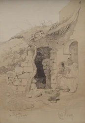 Drei Figuren, die vor einem Haus sitzen, Nazareth, 1859