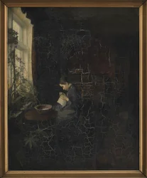 Interieur mit einem Mädchen beim Nähen