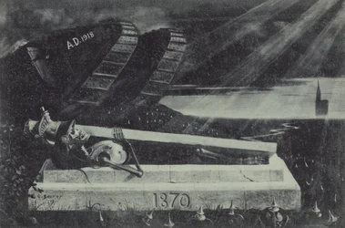 Ein siegreicher alliierter Panzer des Ersten Weltkriegs passiert das Grab eines französischen Kavalleriesoldaten aus dem Deutsch-Französischen Krieg. (Lithografie)