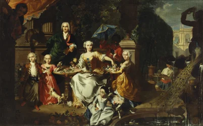 Eine Familiengruppe auf einer Terrasse im Garten einer Villa, möglicherweise George Jackson und seine Familie, 1737