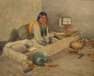 Hopi-Frau beim Maismahlen