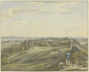 Burghof der Ruine Falkenstein mit Ausblick auf die Mainebene, den Odenwald und die Rheinberge